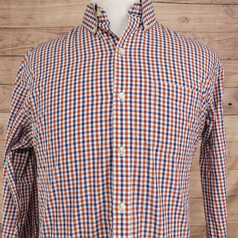 Van Heusen Shirt Mens M Orange Blue Check Long Sleeve Button-Up Classic Fit
